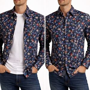 Men's Navy Floral Cotton Button-Down Shirt